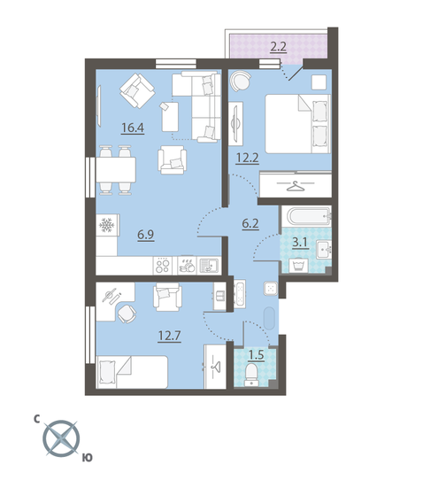 60,1 м², 2-комнатная квартира 6 346 560 ₽ - изображение 1