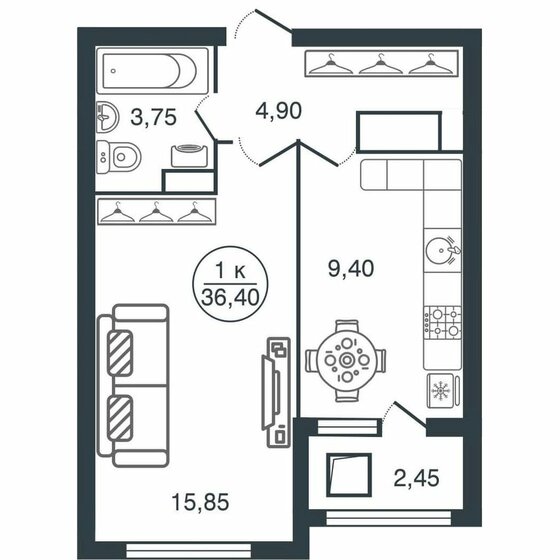 36,4 м², 1-комнатная квартира 4 032 210 ₽ - изображение 51