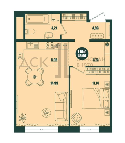 46,1 м², 1-комнатная квартира 6 600 000 ₽ - изображение 1