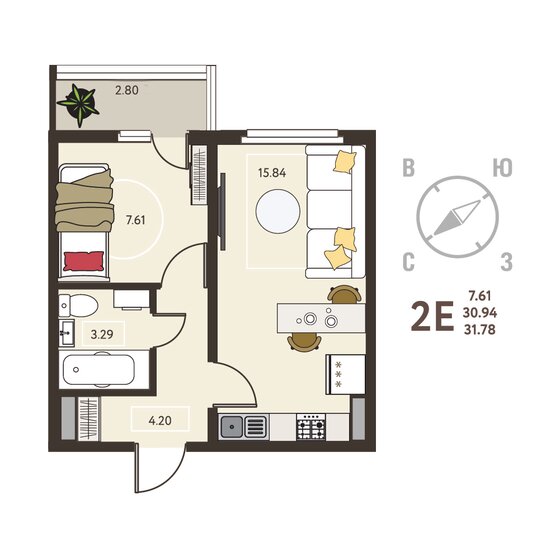 31,8 м², 1-комнатная квартира 3 686 480 ₽ - изображение 7