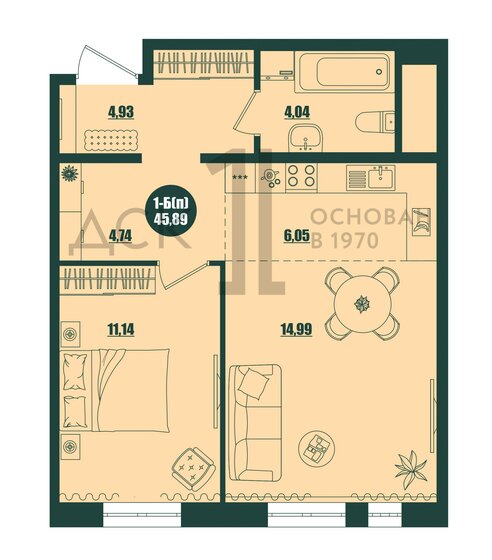 45,9 м², 1-комнатная квартира 6 750 000 ₽ - изображение 1
