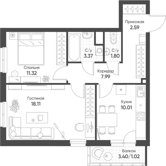 56,2 м², 2-комнатная квартира 9 054 416 ₽ - изображение 1