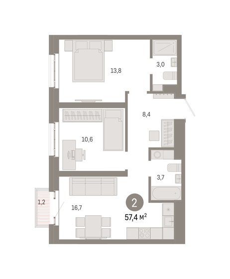 57,4 м², 2-комнатная квартира 19 080 000 ₽ - изображение 1