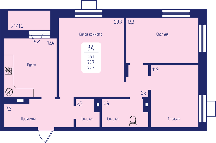 77,3 м², 3-комнатная квартира 10 590 100 ₽ - изображение 1