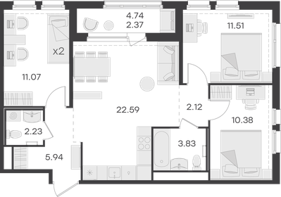 87,5 м², 3-комнатная квартира 14 539 999 ₽ - изображение 88