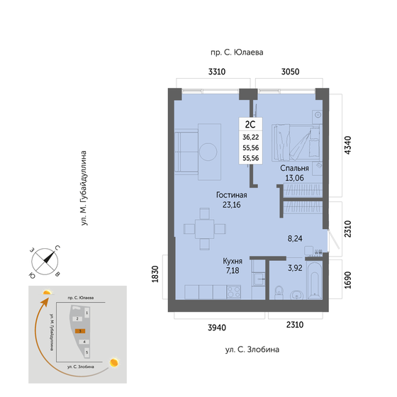 55,6 м², 2-комнатная квартира 9 223 000 ₽ - изображение 1