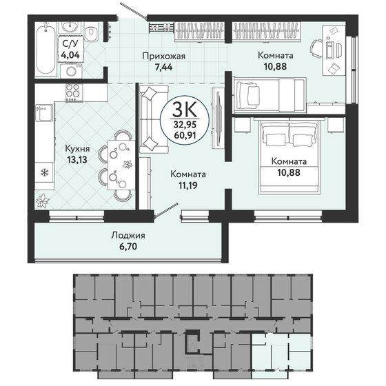 60,9 м², 3-комнатная квартира 5 991 200 ₽ - изображение 1