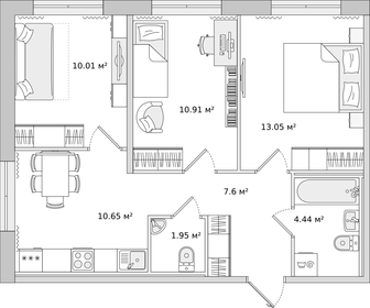 Квартира 58 м², 3-комнатная - изображение 1