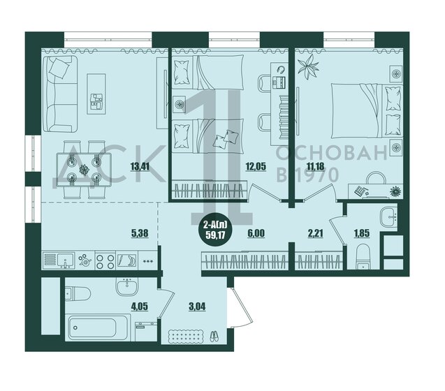 59,2 м², 2-комнатная квартира 8 600 000 ₽ - изображение 1