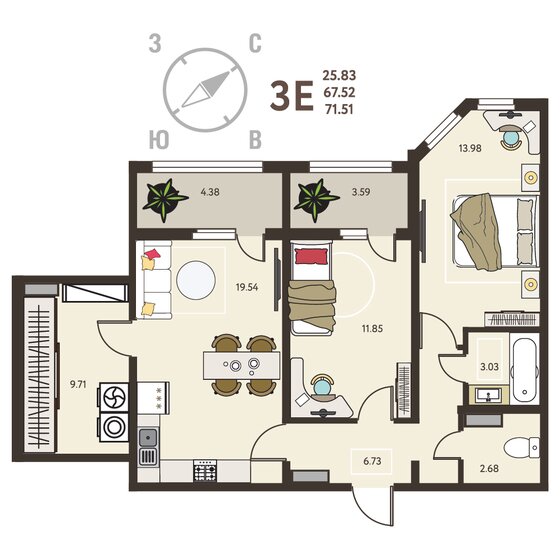 71,5 м², 2-комнатная квартира 6 864 960 ₽ - изображение 1