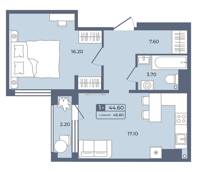 44,6 м², 1-комнатная квартира 7 960 000 ₽ - изображение 1