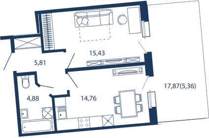 Квартира 46,2 м², 1-комнатные - изображение 1