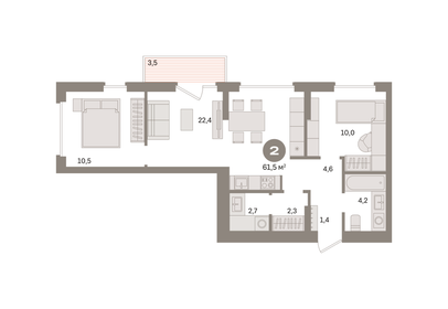 Квартира 61,5 м², 2-комнатная - изображение 1