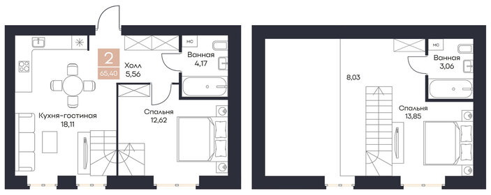 Квартира 65,4 м², 2-комнатная - изображение 1