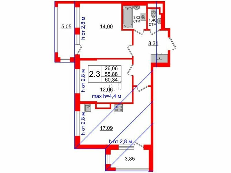 55,9 м², 2-комнатная квартира 13 150 106 ₽ - изображение 1
