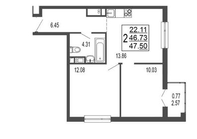 Квартира 46,7 м², 2-комнатная - изображение 1