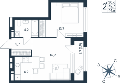 Квартира 44,6 м², 2-комнатная - изображение 1