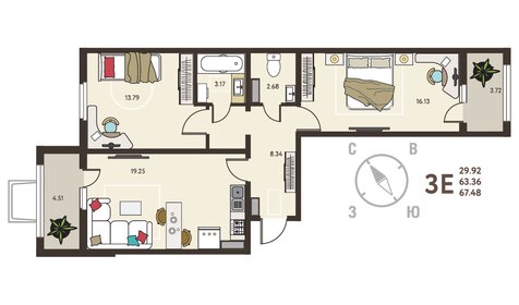 Квартира 67,5 м², 2-комнатная - изображение 1