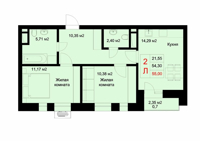 55 м², 2-комнатная квартира 9 355 500 ₽ - изображение 1