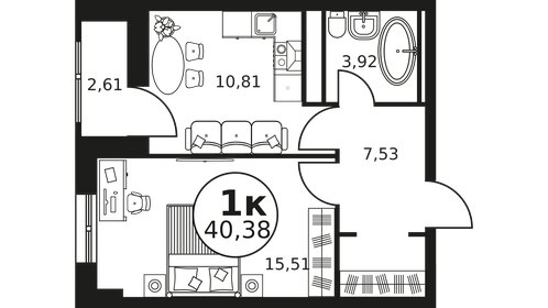 Квартира 40,6 м², 1-комнатная - изображение 1