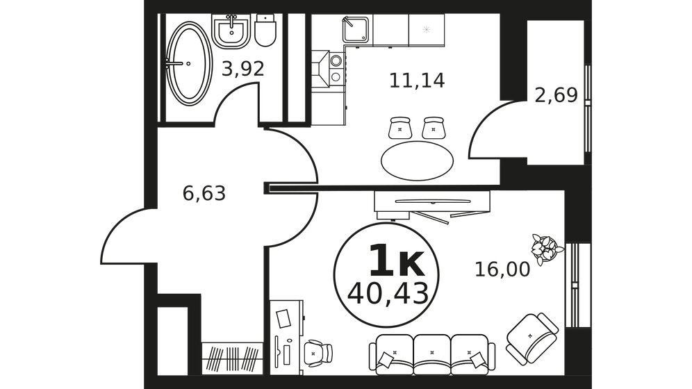 40,4 м², 1-комнатная квартира 5 750 000 ₽ - изображение 1