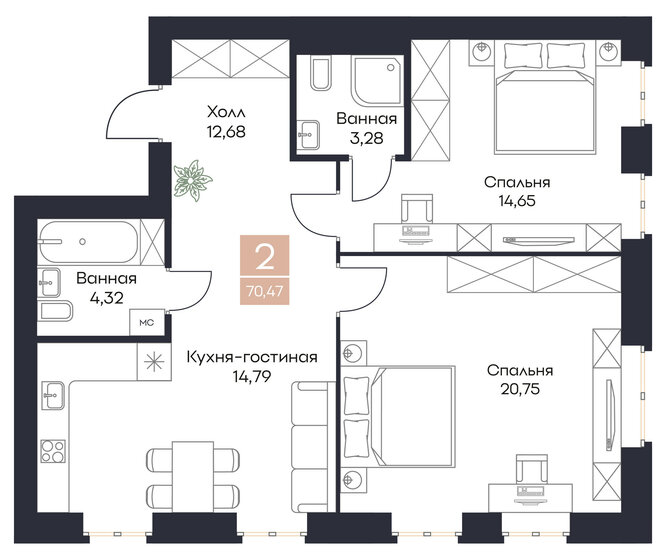 70,5 м², 2-комнатная квартира 7 751 700 ₽ - изображение 1