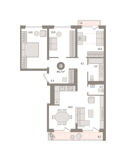 95,7 м², 3-комнатная квартира 16 180 000 ₽ - изображение 1