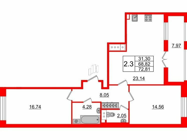 68,8 м², 2-комнатная квартира 22 550 536 ₽ - изображение 1