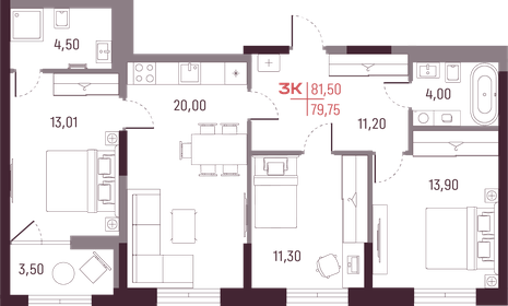 Квартира 79,8 м², 3-комнатная - изображение 1