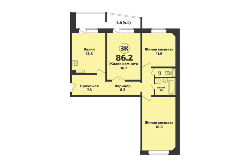 86,2 м², 3-комнатная квартира 8 630 000 ₽ - изображение 1