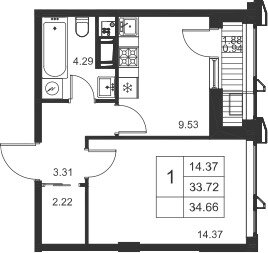 Квартира 34,7 м², 1-комнатная - изображение 1