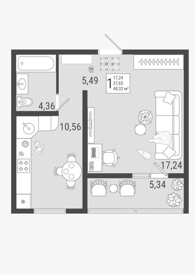 40,3 м², 1-комнатная квартира 4 072 000 ₽ - изображение 1