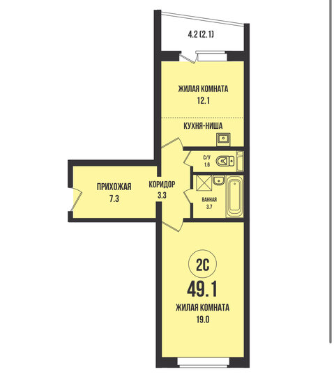 49,1 м², 1-комнатная квартира 5 630 000 ₽ - изображение 1