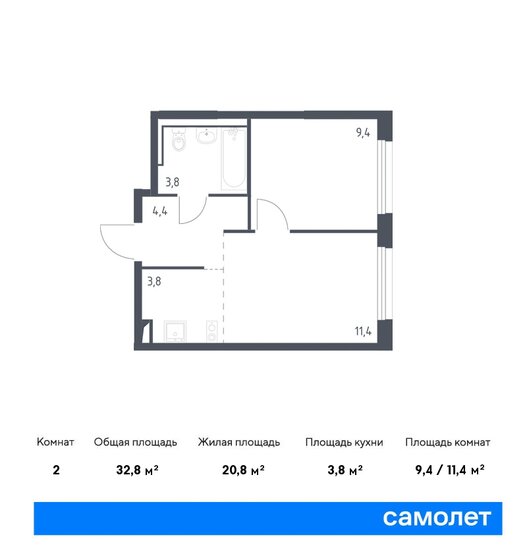 32,8 м², 1-комнатная квартира 10 639 935 ₽ - изображение 1