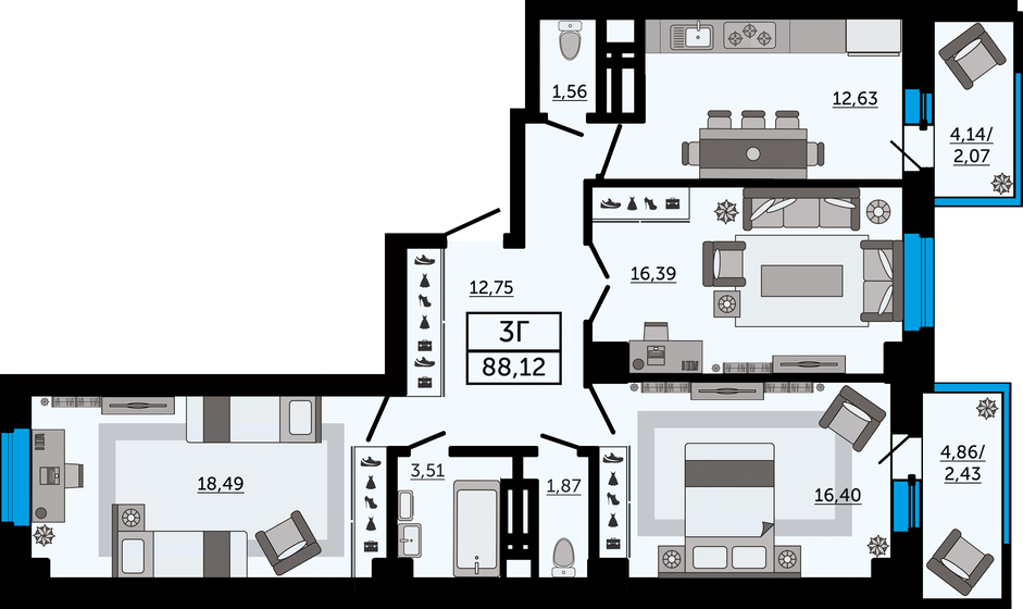 88,1 м², 3-комнатная квартира 11 805 400 ₽ - изображение 1