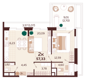 Квартира 57,3 м², 2-комнатная - изображение 1