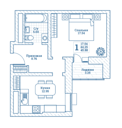 45,5 м², 1-комнатная квартира 5 824 000 ₽ - изображение 1
