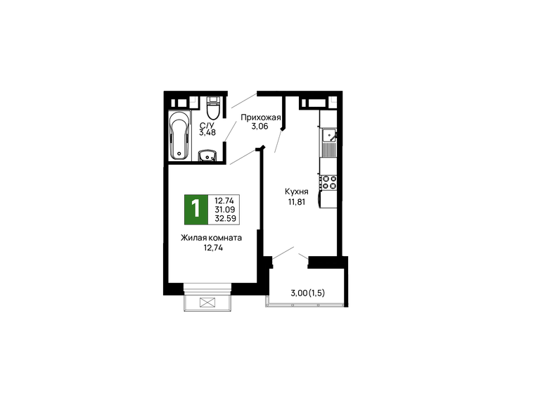 32,9 м², 1-комнатная квартира 6 346 620 ₽ - изображение 16
