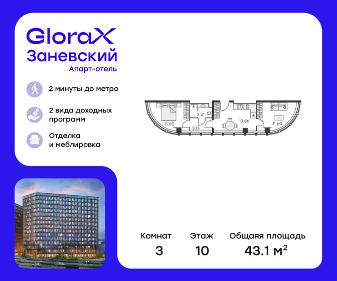 43,1 м², 2-комнатные апартаменты 15 494 116 ₽ - изображение 1