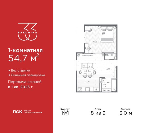 54,7 м², 1-комнатная квартира 25 709 000 ₽ - изображение 17