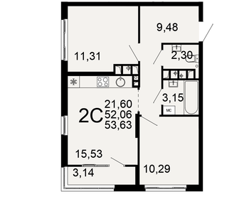 Квартира 53,6 м², 2-комнатная - изображение 1