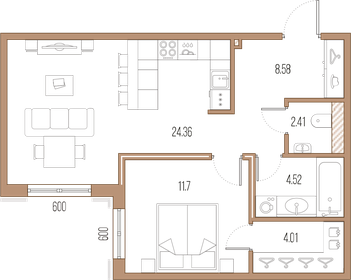 Квартира 55,6 м², 1-комнатная - изображение 1