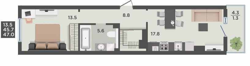 Квартира 47 м², 1-комнатная - изображение 1