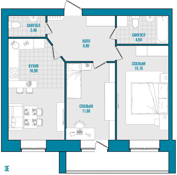 62,4 м², 2-комнатная квартира 4 804 800 ₽ - изображение 1