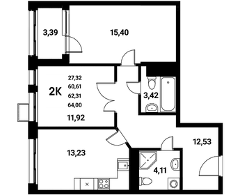 Квартира 62,3 м², 2-комнатная - изображение 1