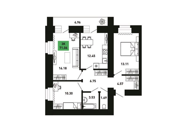 71,1 м², 3-комнатная квартира 5 372 136 ₽ - изображение 1