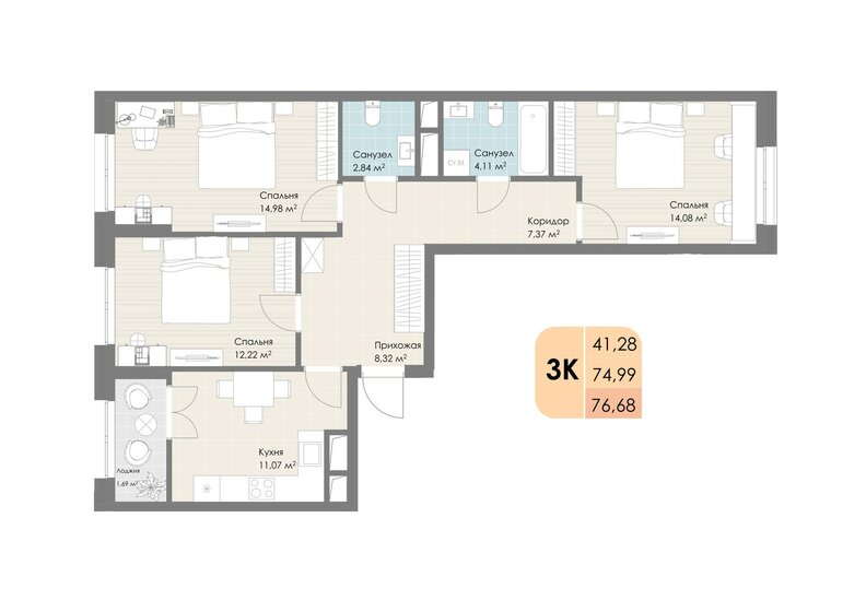 76,7 м², 3-комнатная квартира 17 099 640 ₽ - изображение 1