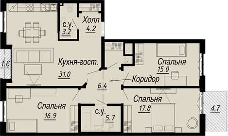 Квартира 107,1 м², 3-комнатная - изображение 1
