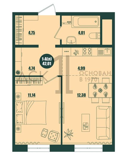 42 м², 1-комнатная квартира 6 400 000 ₽ - изображение 1