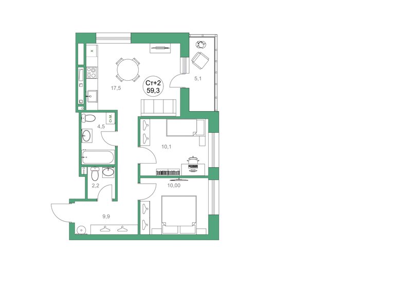 59,2 м², 2-комнатная квартира 9 090 000 ₽ - изображение 1